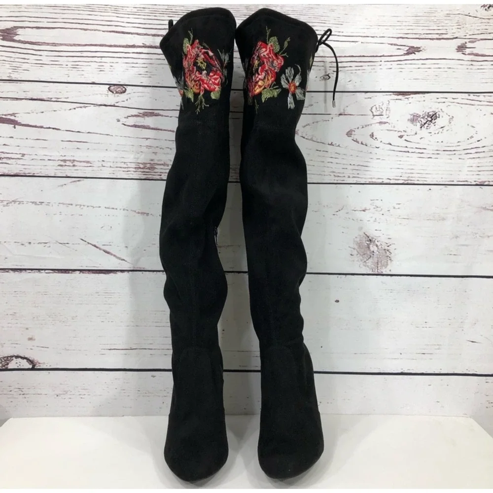 Zigi Soho Bryna Black Over The Knee Heeled Boot Embroider Floral Boho Hippie 6.5